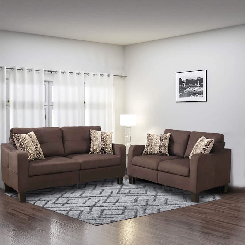 Polyfiber 2 Pieces Sofa Set With Accent Pillows Brown
