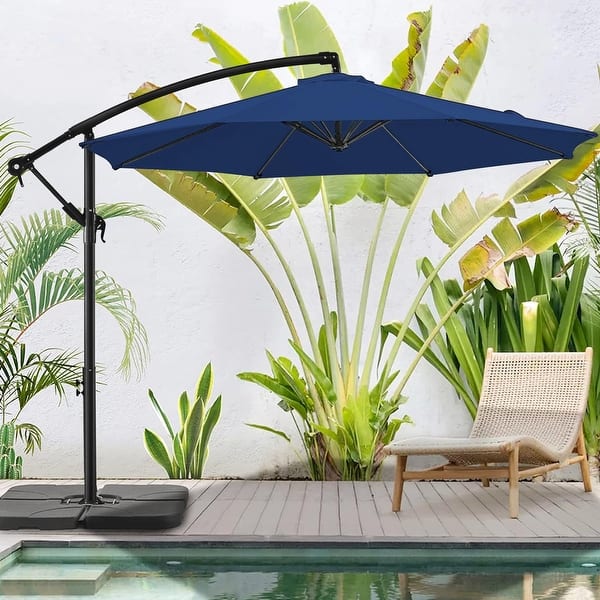 11 ft. steel offset patio umbrella with detachable netting Sonkuki 11 ft. Round Solar LED Aluminum 360 Rotation Cantilever Offset  Outdoor Patio Umbrella with Base in Gray R-BRELA-JC44GY
