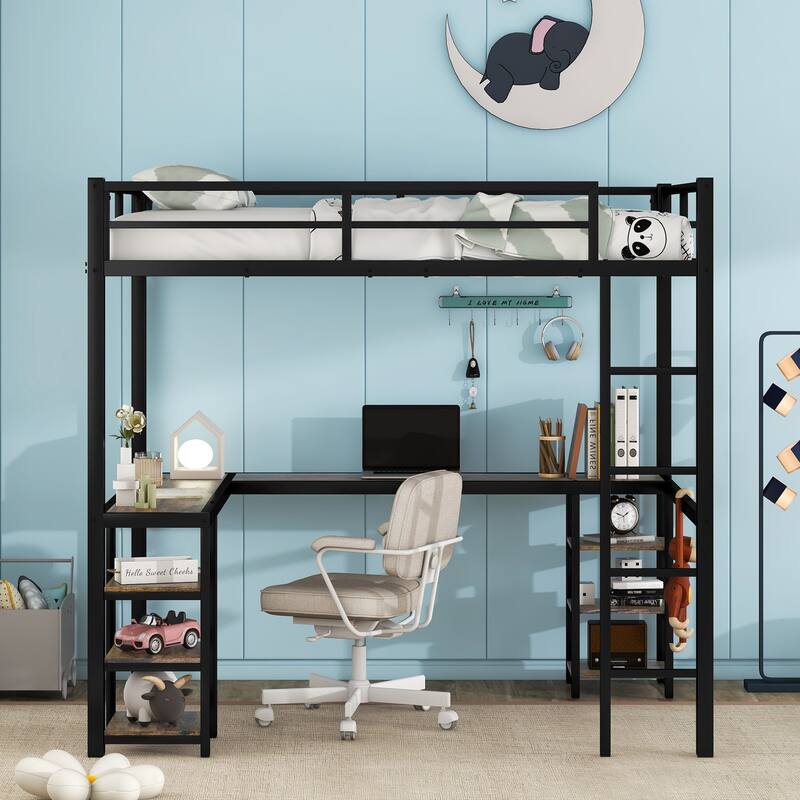 Full Size Metal Loft Bed with Desk and Shelves, Ladder and Guardrails for Bedroom