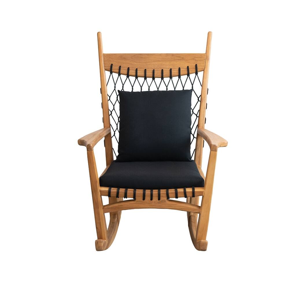 Teakwood and Woven Rope Rocking Chair with Cushions, Black and Natural - 86.6"L x 30.7"W x 28.7"H