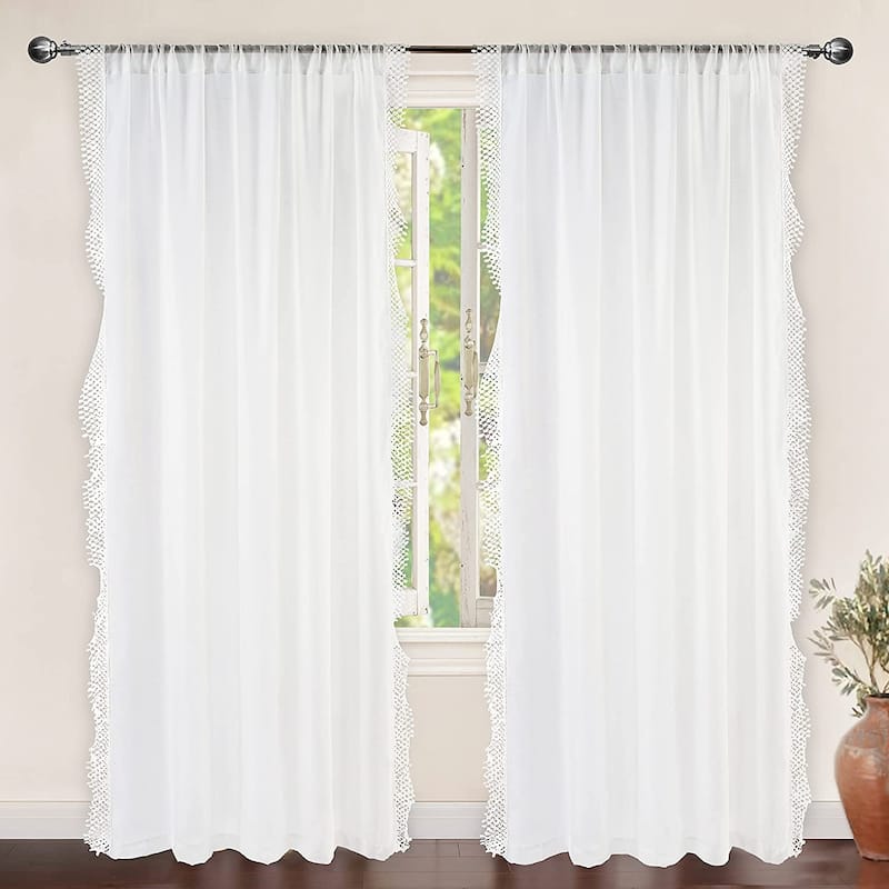 DriftAway Ava Lace/Crochet Trim Voile Sheer Window Curtain Panel Pair - 56" width x 84 " length - Off White