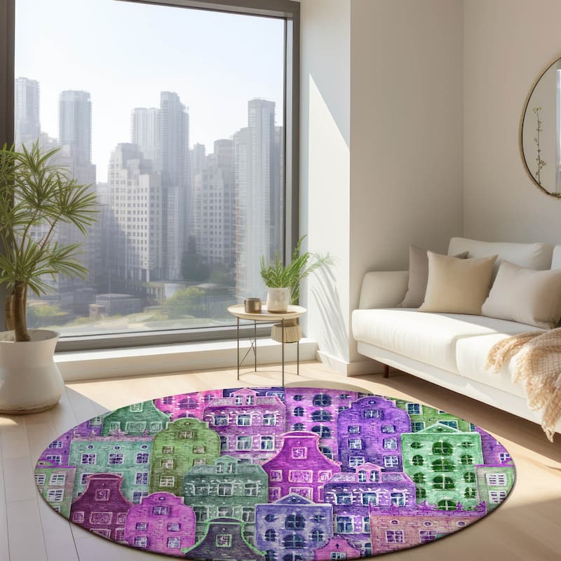 Machine Washable Indoor/ Outdoor Chantille Modern City Rug - Purple - 8' x 8'