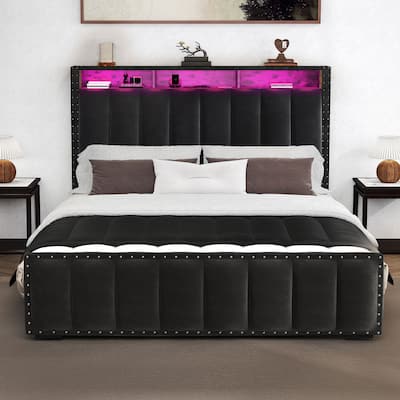 Velvet Upholstered Platform Bed with 4 Storage Drawers and RGB LED Lights&Charging Station