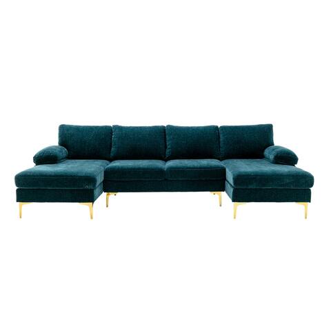 U-shape Sleeper Sofa Chenille Fabric Sectional Sofa with Pillow Top Arms Chaise