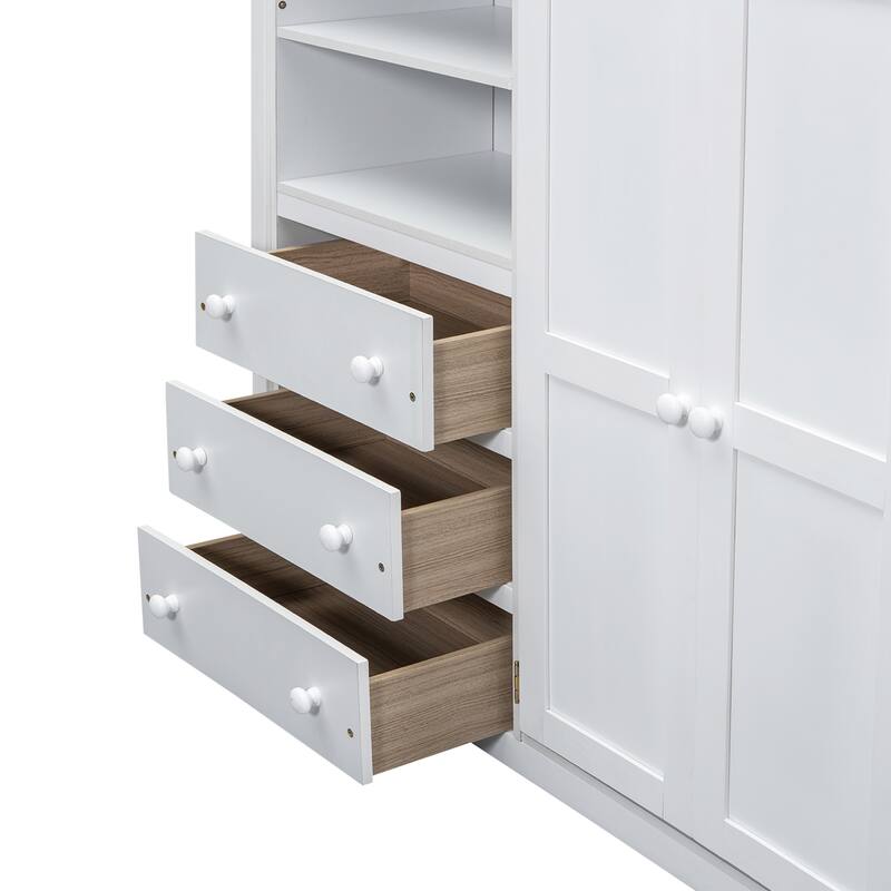Full Size Solid Wood Loft Bed with Built-in Wardrobe, Desk, Storage Shelves and Drawers