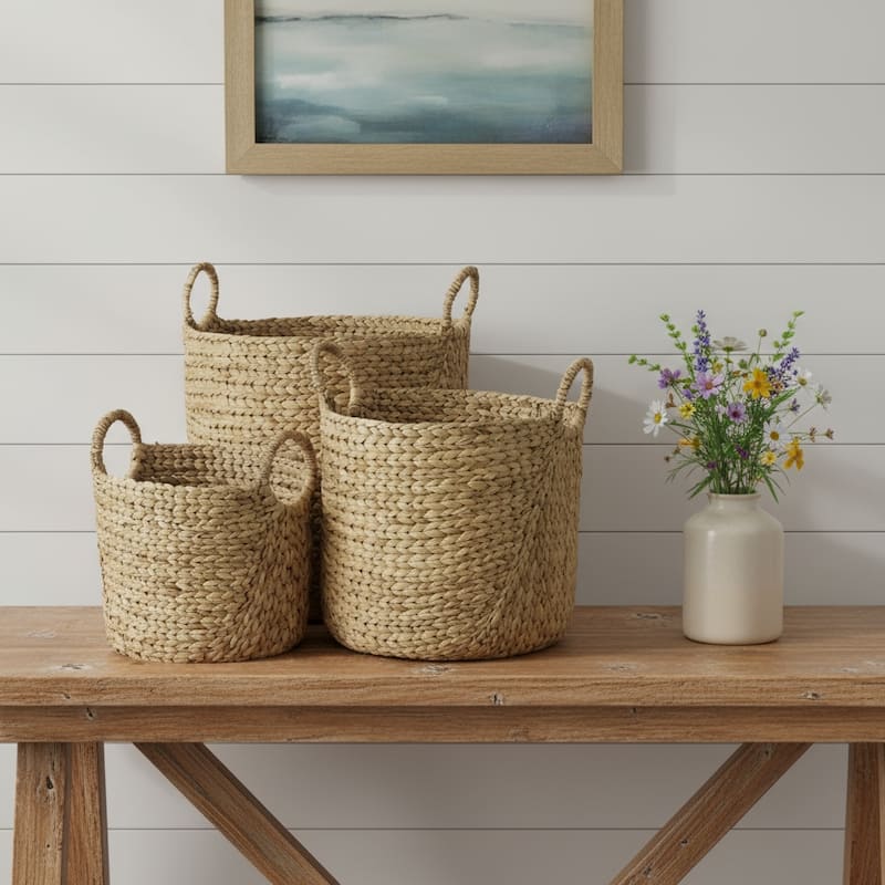 HomeRoots Set of Three Brown Wicker Basket - 19.685" W x 19.685" D x 23.622" H