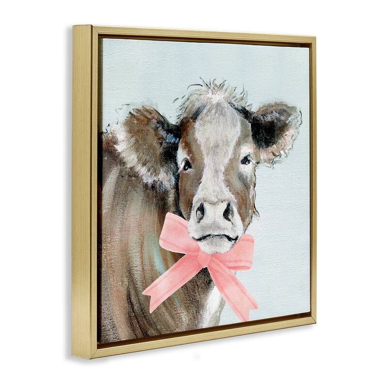Stupell Cow with Pastel Ribbon Framed Floater Canvas Wall Art Design By Janet Tava