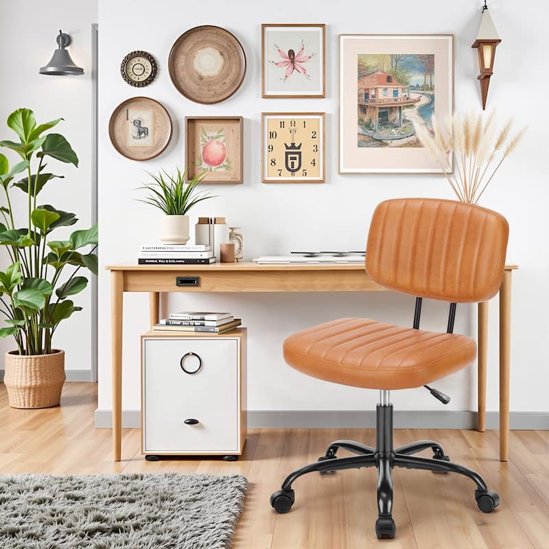 Small Armless Office Desk Chair with Wheels and Low Back Lumbar Support, Comfy Cute PU Leather Vanity Rolling Swivel Task Chair - Brown