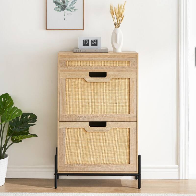 Natural Rattan 2 Flip Door with 1 Drawer Shoe Cabinet Organizer Freestanding, Modern Shoe Rack Storage Organizer - 24x9.4x40.3in - Natural