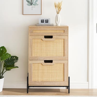 Natural Rattan 2 Flip Door with 1 Drawer Shoe Cabinet Organizer Freestanding, Modern Shoe Rack Storage Organizer - 24x9.4x40.3in