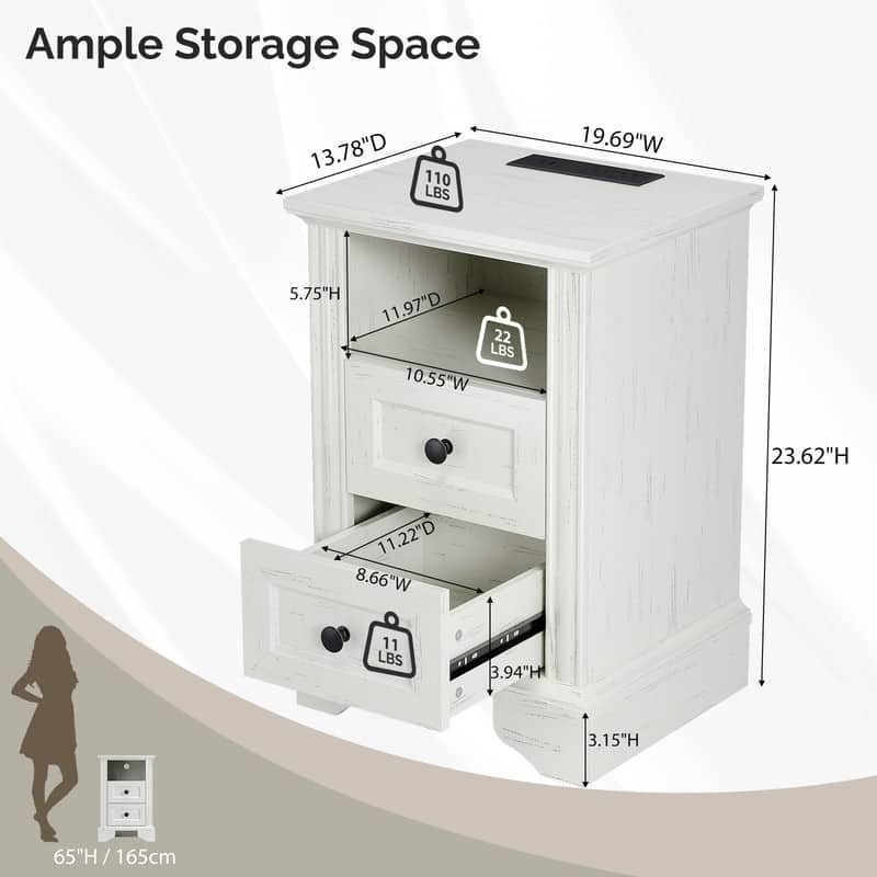 Washed White Nightstand with 2 Drawers, Shelf & US Power Outlet