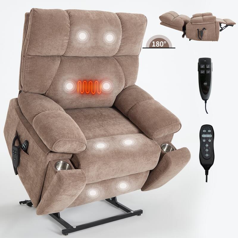 Heat Massage Dual Motor Infinite Position Large Electric Power Lift Recliners with Hidden Cup Holders,Power-Remote,Medium-firm