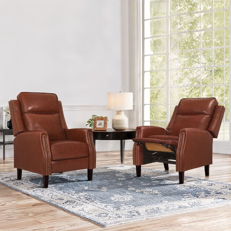 Genuine Leather Recliner Push Back Recliner Chair 3 Adjustable Armchair with Wooden Legs for Living Room, Bedroom - Red Brown/Set of 2