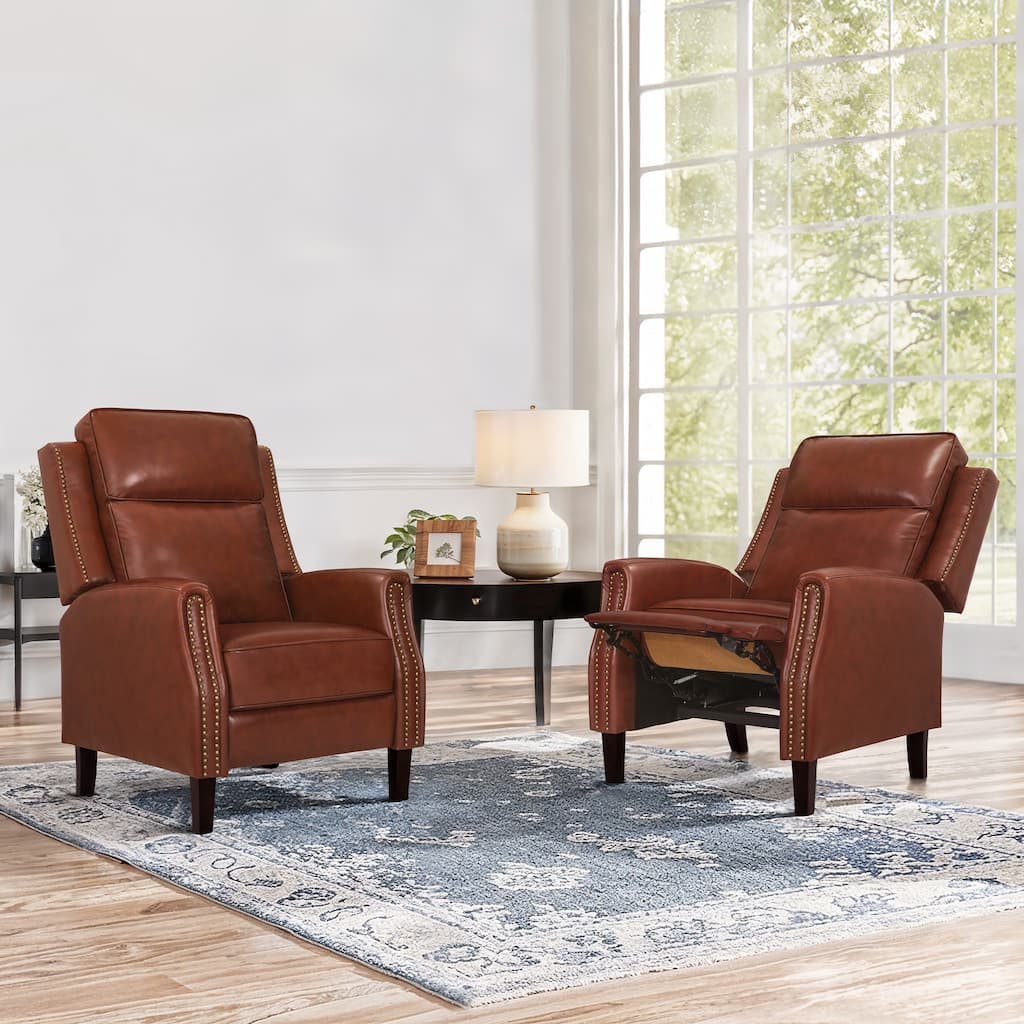 Genuine Leather Recliner Push Back Recliner Chair 3 Adjustable Armchair with Wooden Legs for Living Room, Bedroom