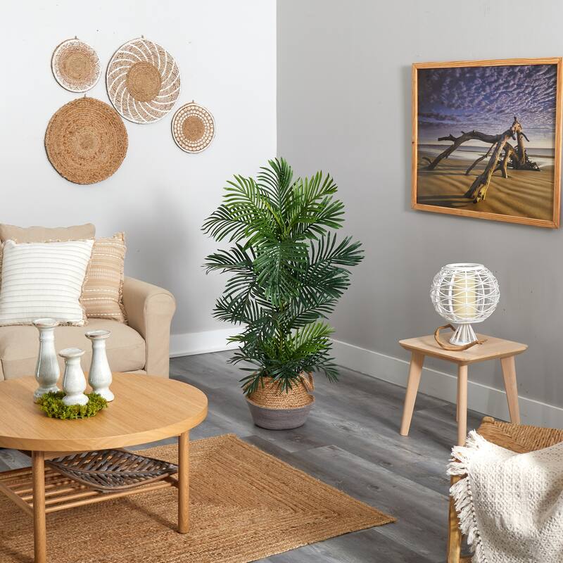 Artificial Palm Tree 4ft Indoor Outdoor - Boho Planter Included - Beachy Decor - Faux Tree for Home & Patio - Green