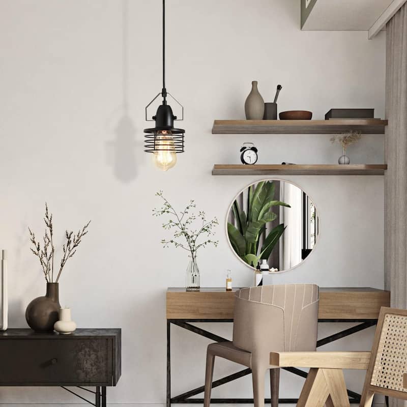 Industrial Black Pendant Light Metal Cage Pendant Lights Dining Room Hanging Lighting,Spring Shade,E26 Bulb(1 Light)