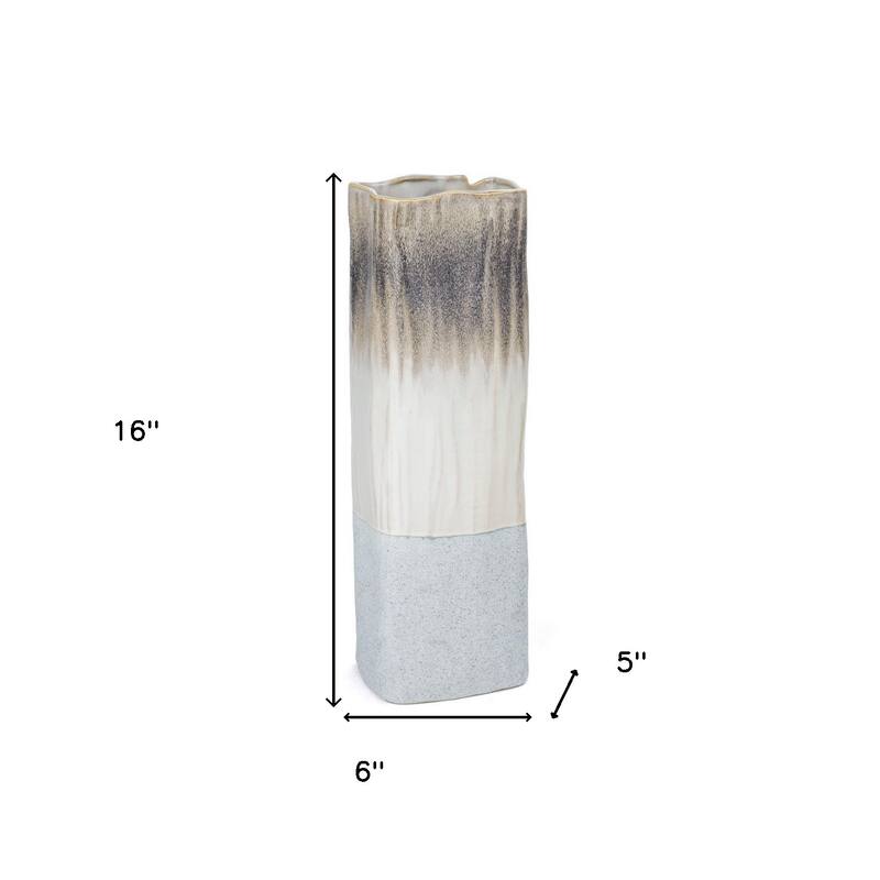 16" Brown Light Blue And Off White Color Block Square Ceramic Table Vase - 6