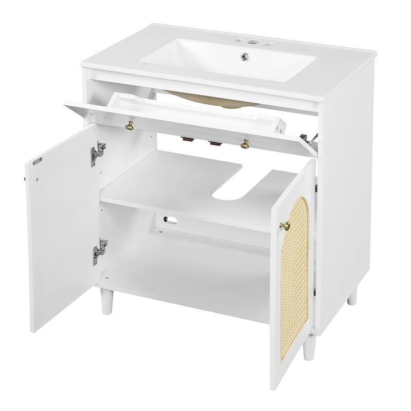 30" Bathroom Vanity with Ceramic Sink - Solid Wood Frame Cabinet with Adjustable Shelf, Tip-Drawer & Rattan Panels