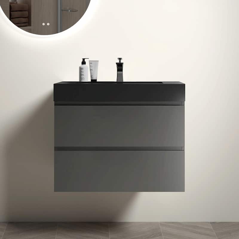 36"/30"/24" Floating Bathroom Vanity with Sink, Wall-Mounted Storage Cabinet - Black+Grey - 30" Width