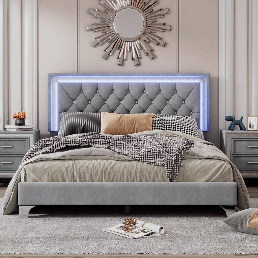 Queen Size Upholstered Bed Frame with LED Lights
