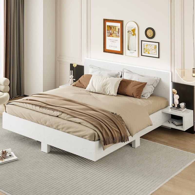 Wooden Floating Platform Bed, with LED Lights and Bedside Nightstand