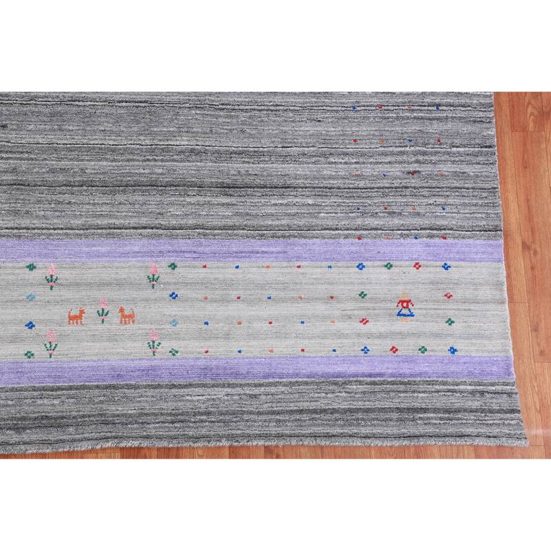 Hand Knotted Oriental 100% Wool Carpet Tribal Stripe Greys & Charcoal Gabbeh Area Rug - 12' 6'' X 9' 3''