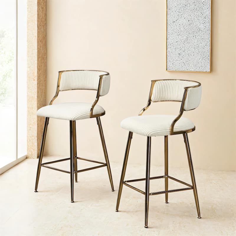 Counter Height Corduroy Bar Stool with Back,Golden Chromed Base and Footrest Set of 2 - Beige