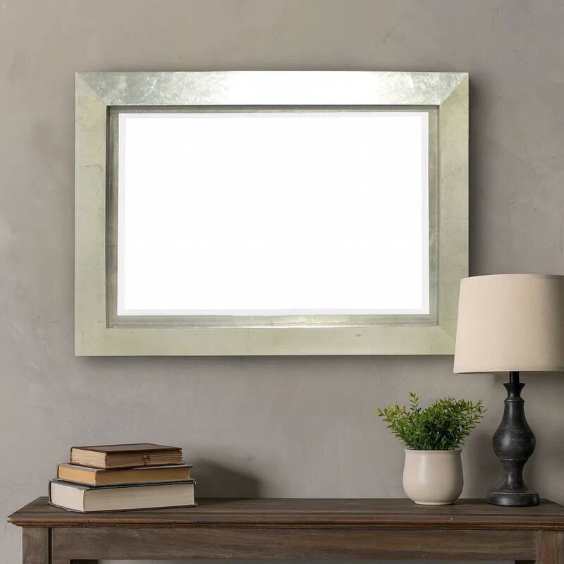 Contemporary Style Rectangular Wooden Frame Wall Mirror, Silver