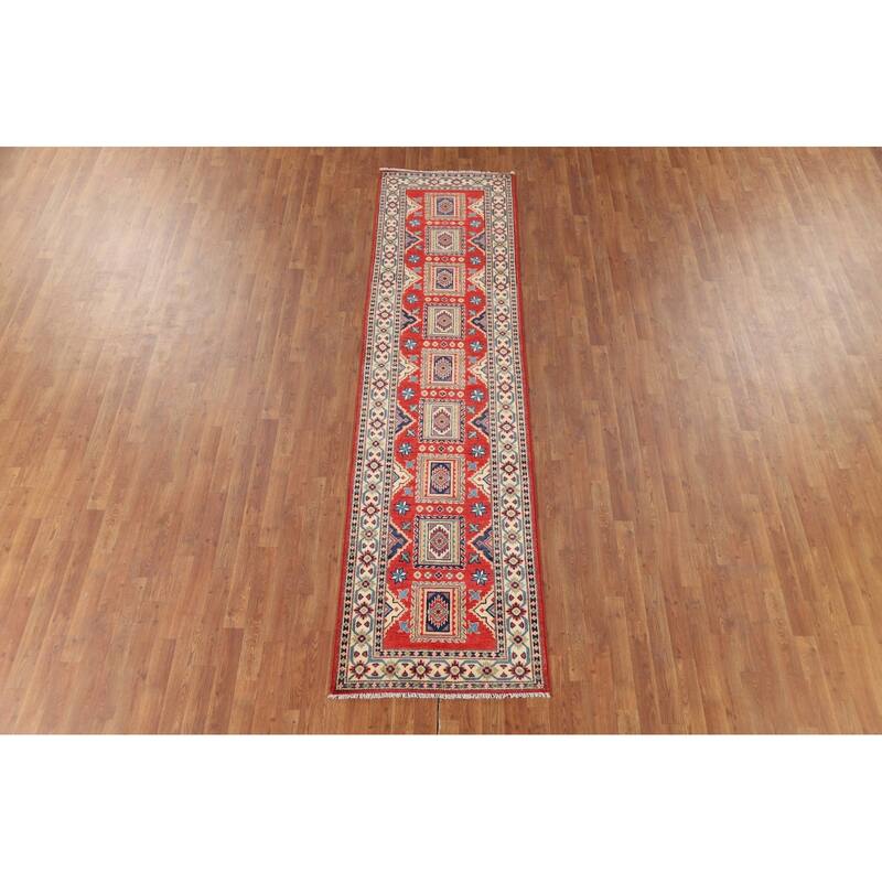 Geometric Kazak Runner Rug Hand-Knotted Wool Carpet - 2'8" x 10'1"