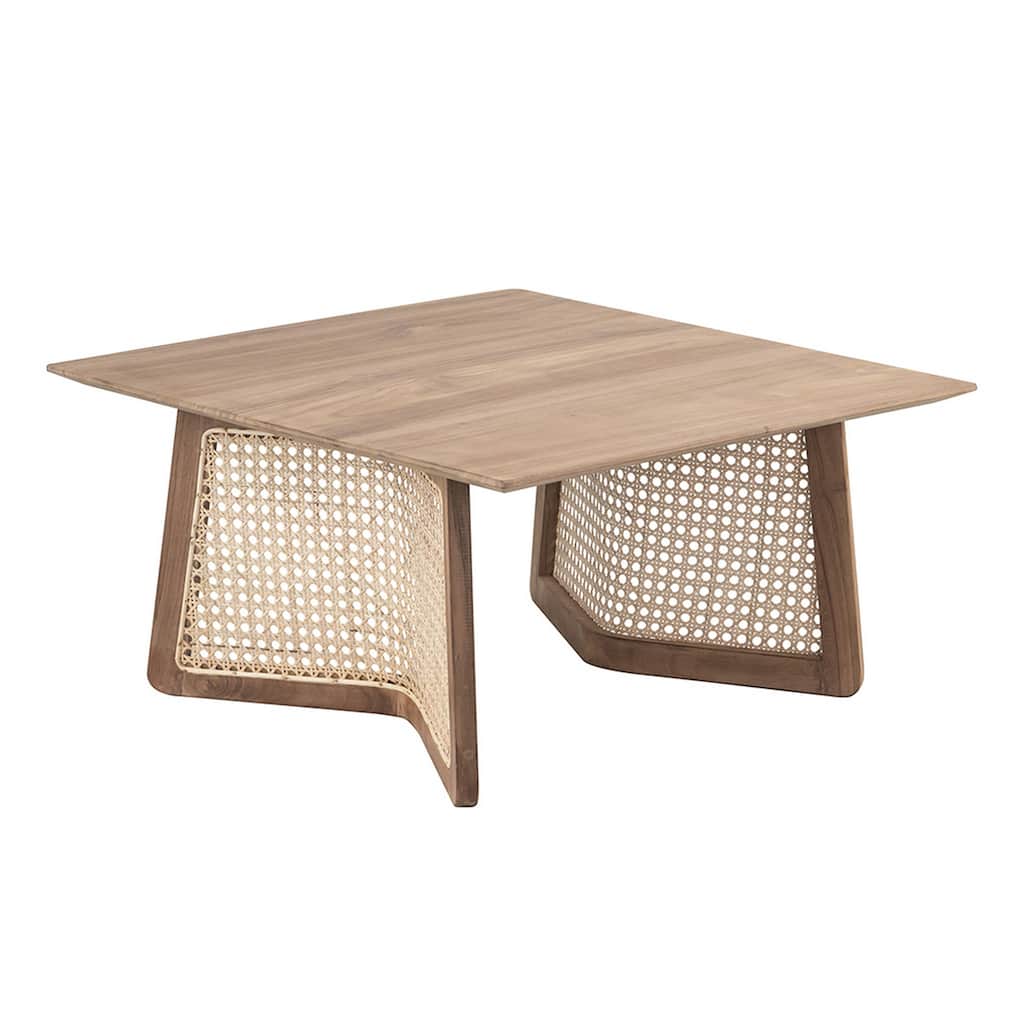 28 Inch Coffee Table, Square Top, Rattan Cane Base, Teak Wood, Brown