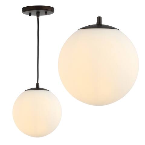 Bedford 7.75" Metal/Glass Globe LED Pendant, White/Brass by JONATHAN Y