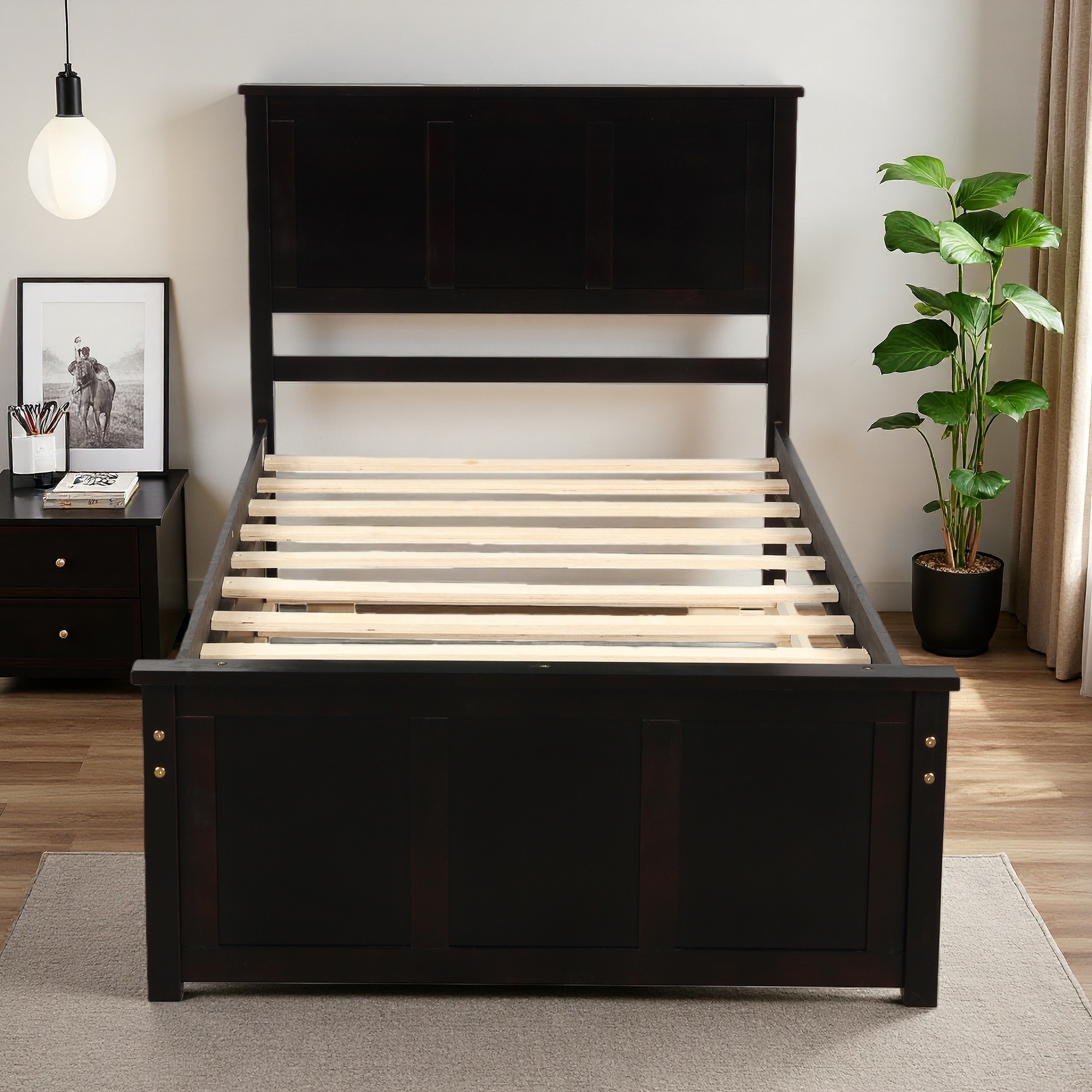 Twin Platform Storage Bed, 2 Drawers on Wheels, Solid Wood & MDF