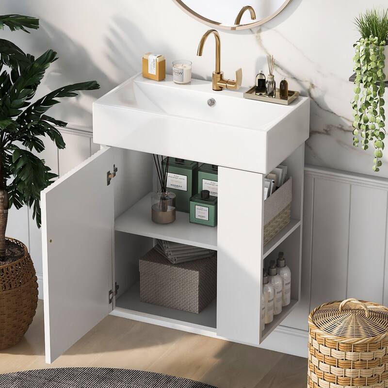 21.6" White Floating Bathroom Vanity - Space-Saving Wall-Mounted Sink Cabinet with Side Storage & Soft-Close Door