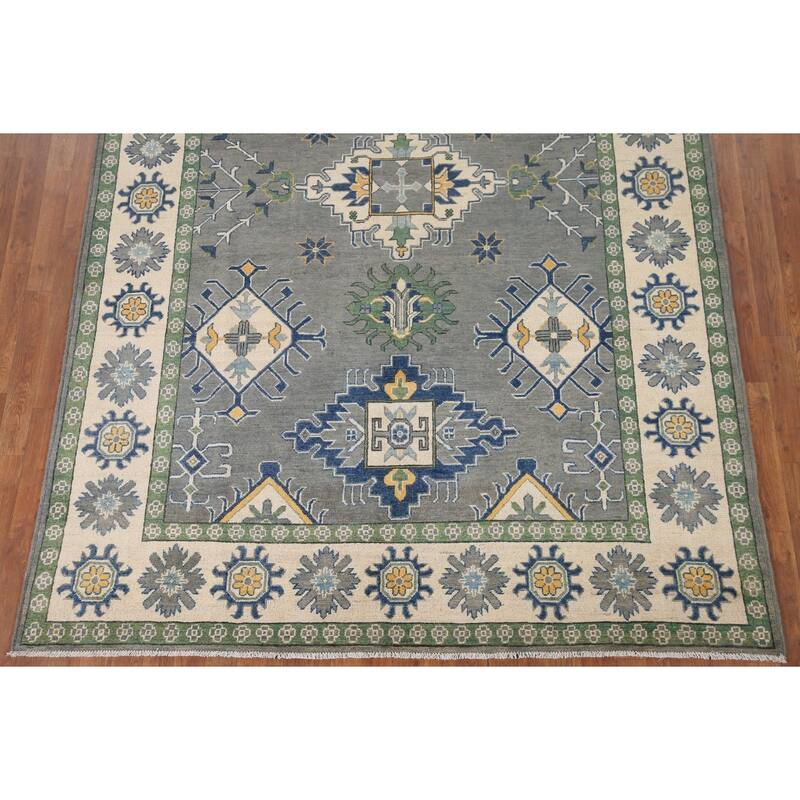 Hand Knotted Oriental 100% Wool Carpet Traditional Geometric Greys & Charcoal Kazak Area Rug - 9' 10'' X 6' 8''
