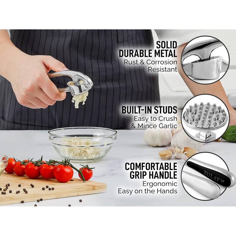 Zulay Kitchen Garlic Press with Ergonomic Soft Easy Squeeze Handle