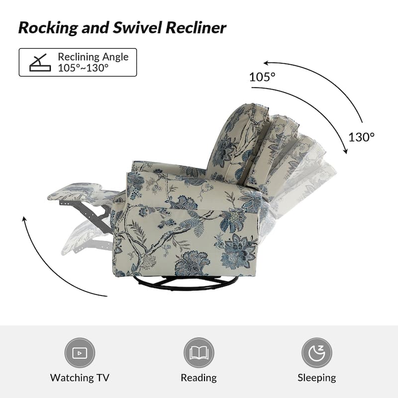 Roderich Farmhouse Floral Print Swivel Rocker Recliner with Rolled Arms by HULALA HOME