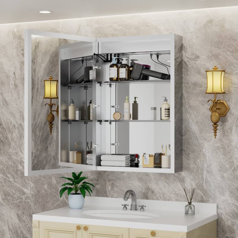 Rail Aluminum Recessed/Surface Mount Bathroom Medicine Cabinet with Mirror, Adjustable Brightness, Defogging & USB Port