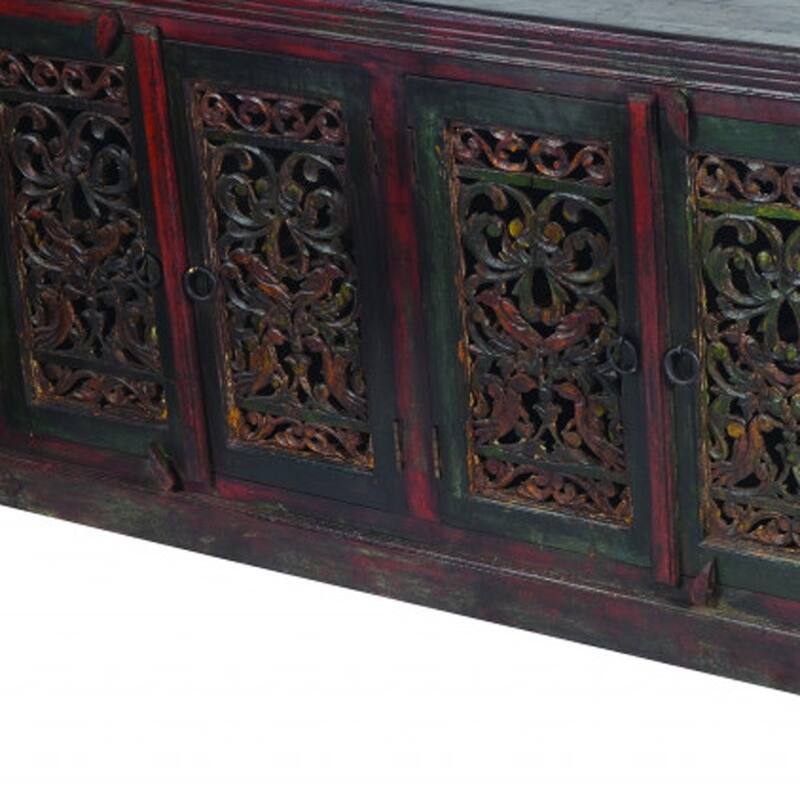 HomeRoots 101" Brown and Green Solid Wood Buffet Table with Six Doors - 101.00 in. x 36.00 in. x 16.00 in.