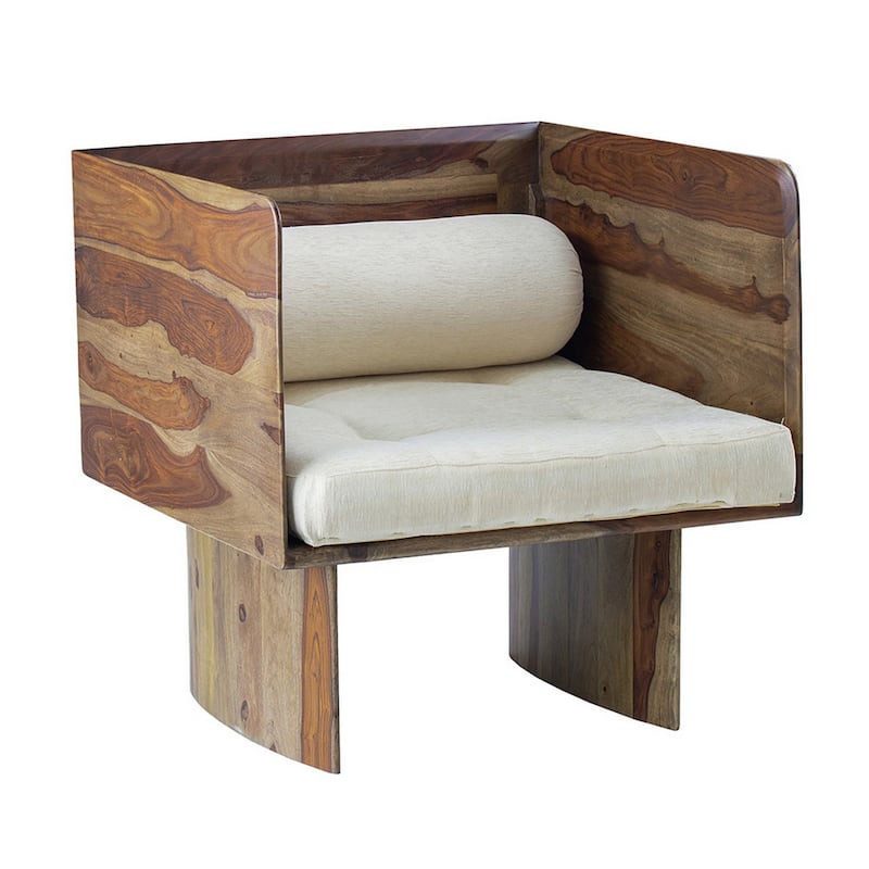 30 Inch Accent Chair, Panel-Style Legs, Tufted, Brown Wood, Beige Cotton