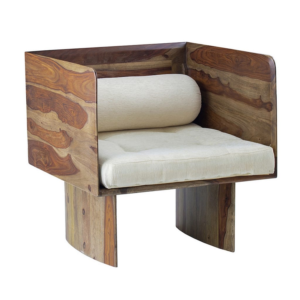 30 Inch Accent Chair, Panel-Style Legs, Tufted, Brown Wood, Beige Cotton