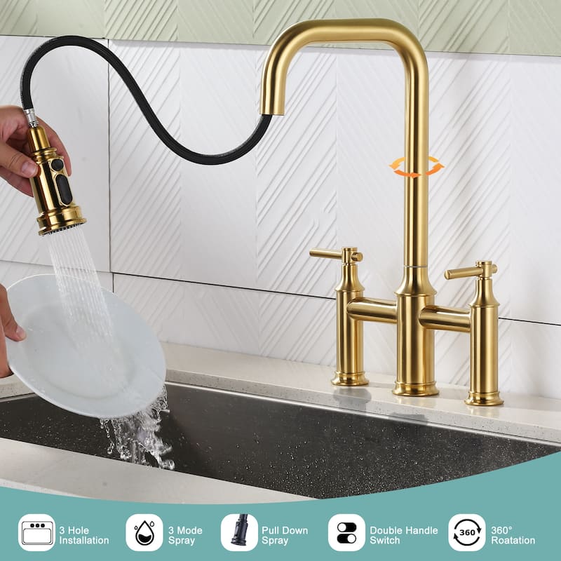 WOWOW Double Handle Bridge Kitchen Faucet with Advanced Spray