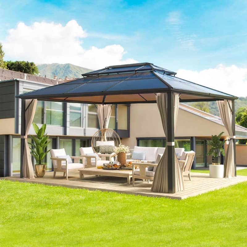 Outdoor Pro Series Galvanized Steel Hardtop Patio Gazebo Pergola w/Aluminum Frame, Prime Curtains and nettings include - 12'x16' - Double Roof