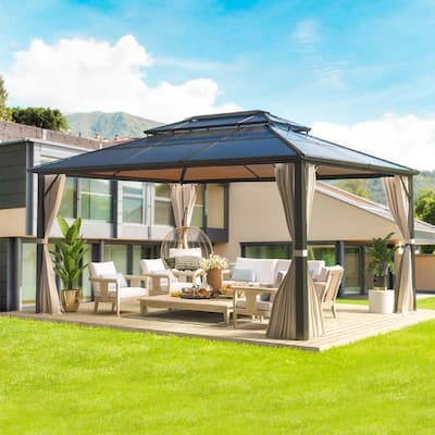 Outdoor Pro Series Galvanized Steel Hardtop Patio Gazebo Pergola w/Aluminum Frame, Prime Curtains and nettings include