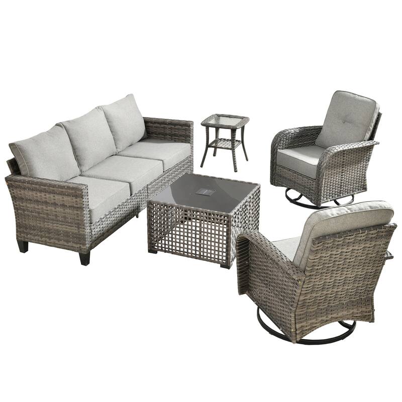 HOOOWOOO 5-piece Outdoor Swivel Chair Set Patio Conversation Set with Solar-powered Table