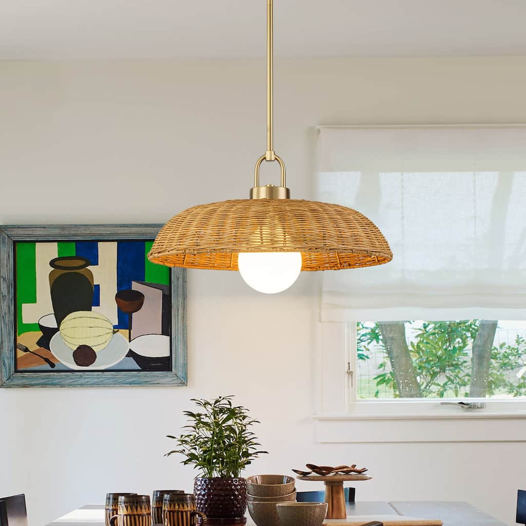 1-Light Modern Farmhouse Dome Straw Hat Hand Woven Chandelier with Natural Rattan Shade - Brass - 18.11" W × 9.06" H