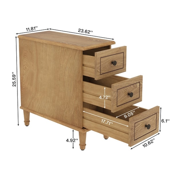 dimension image slide 1 of 3, Fully Assembled Narrow End Table, Solid Wood Side Table with 3 Drawers, Vintage Nightstand Slim Bedside Table for Small Spaces