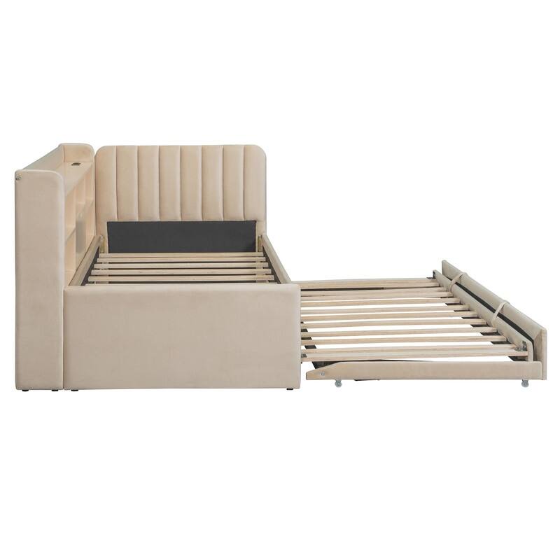 Twin Size Upholstered Daybed with Trundle, Storage Platform Bed Frame with Shelves and Charging Station
