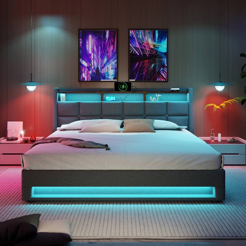Upholstered Platform Bed with Hydraulic Storage System, LED and USB Charging