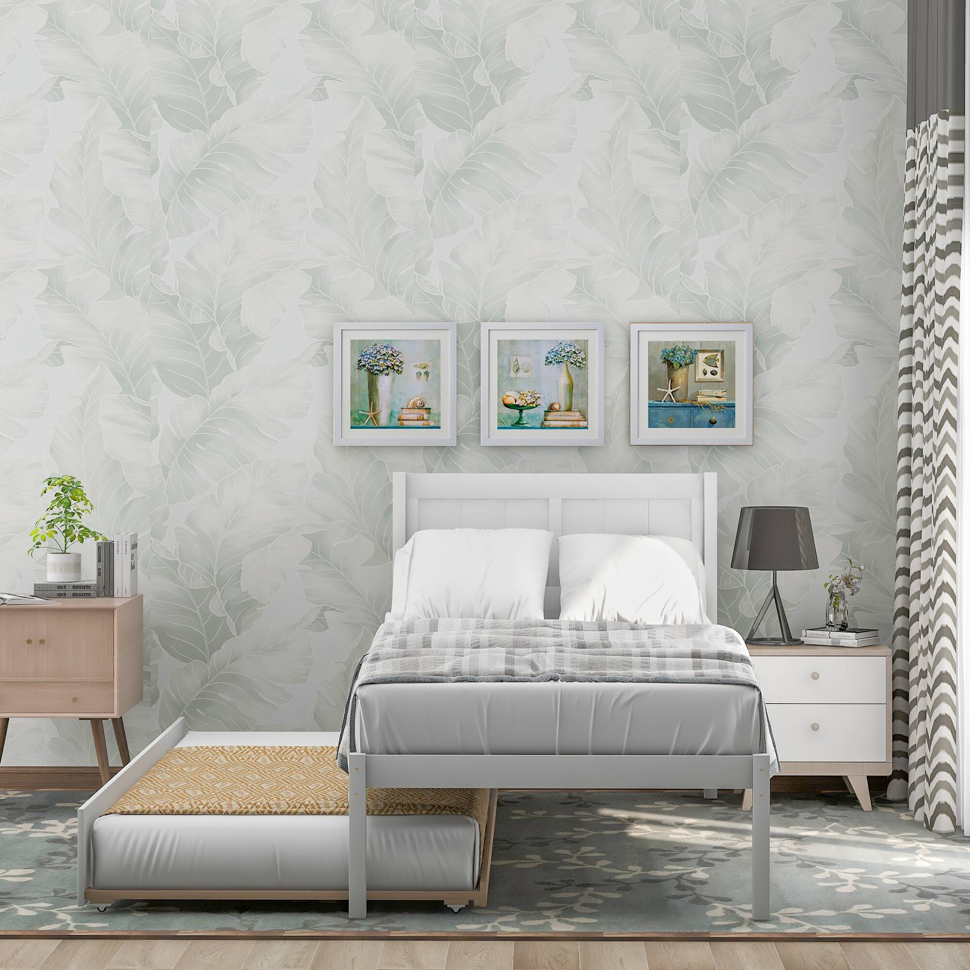 Classic Pine Frame Platform Bed, Twin, Trundle, Reinforced Slats Bed