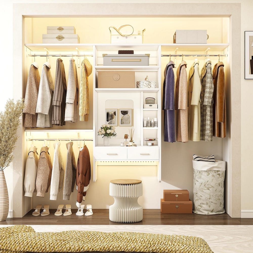 Cimly Wall-mounted Closet System with 32'' Makeup Vanity Desk, Space-saving Organizer with Hanging Rods and Mirror